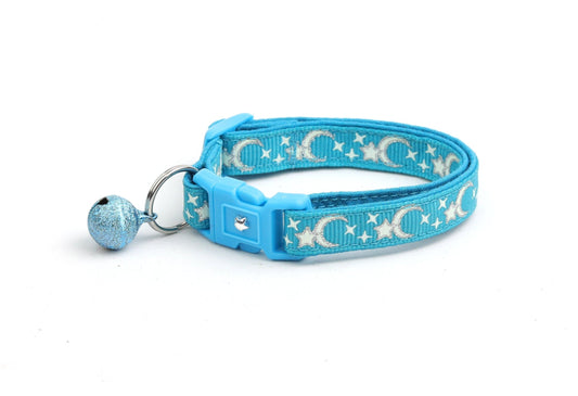 Silver Moons and Stars on Turquoise Cat Collar