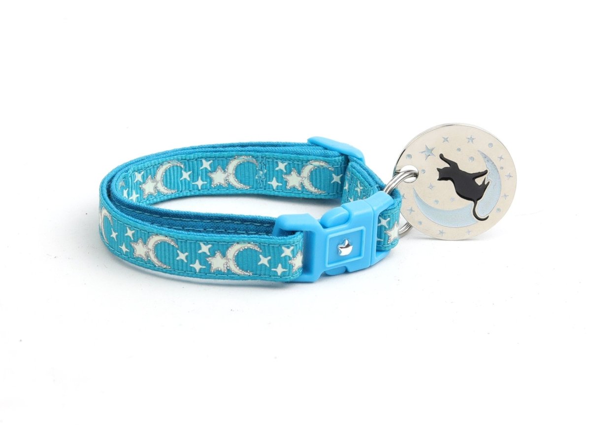 Silver Moons and Stars on Turquoise Cat Collar - Pets Perfect