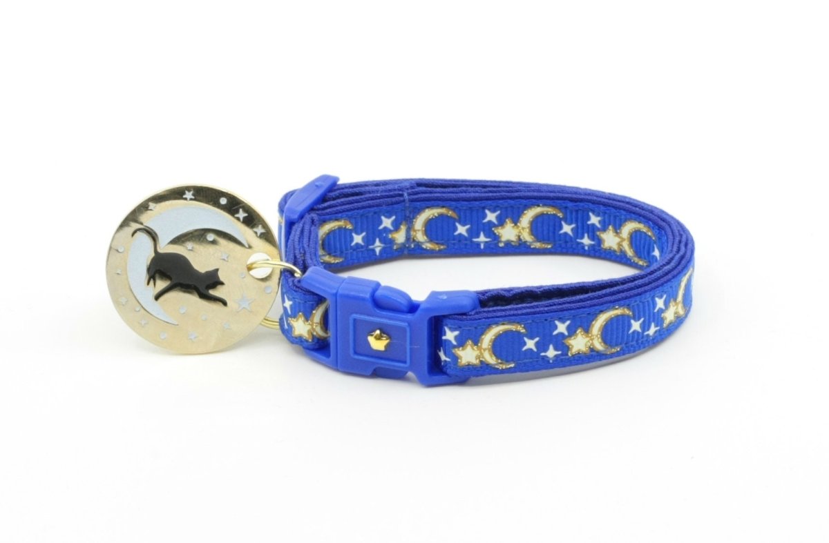 Gold Moons and Stars on Royal Blue Cat Collar - Pets Perfect