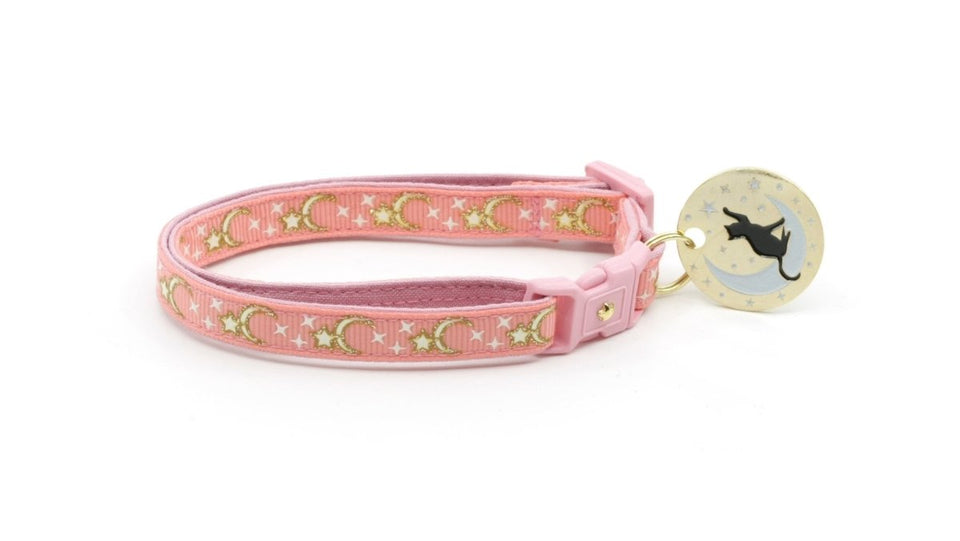 Gold Moons and Stars on Coral Pink Cat Collar, view 3