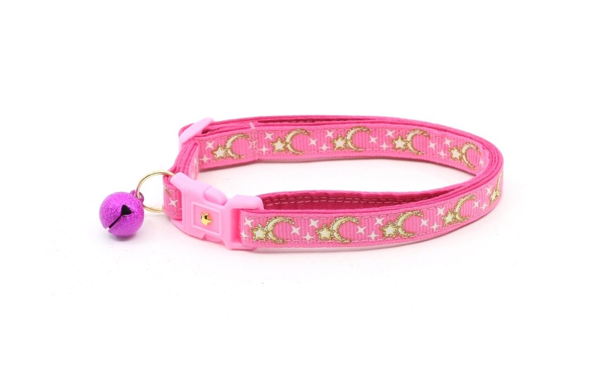 Gold Moons and Stars on Bright Pink Cat Collar - Pets Perfect