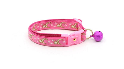 Gold Moons and Stars on Bright Pink Cat Collar - Pets Perfect