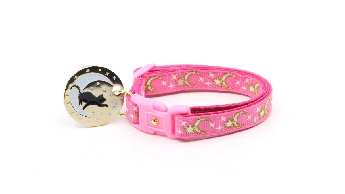 Gold Moons and Stars on Bright Pink Cat Collar - Pets Perfect