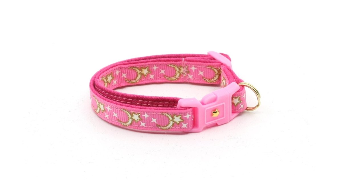 Gold Moons and Stars on Bright Pink Cat Collar - Pets Perfect