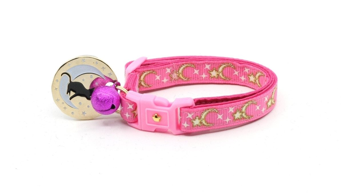 Gold Moons and Stars on Bright Pink Cat Collar - Pets Perfect