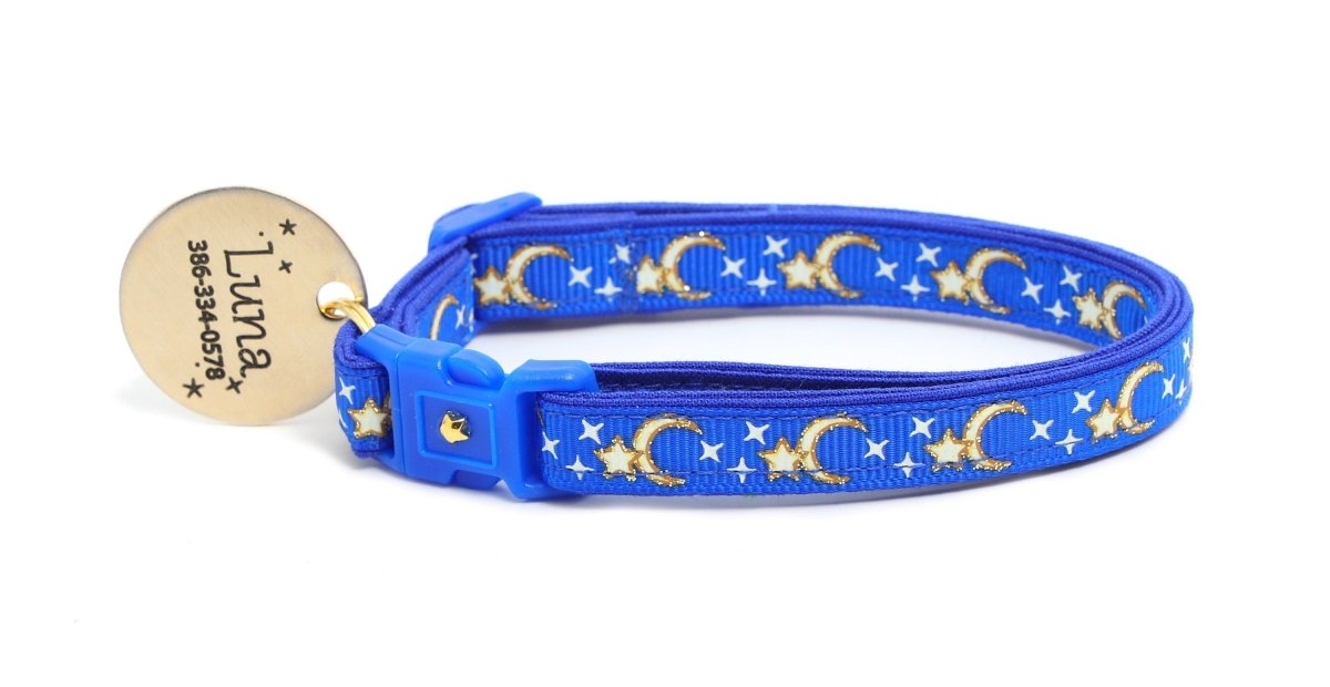 Gold Moons and Stars on Royal Blue Cat Collar - Pets Perfect
