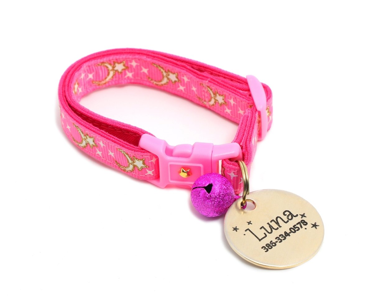 Gold Moons and Stars on Bright Pink Cat Collar - Pets Perfect