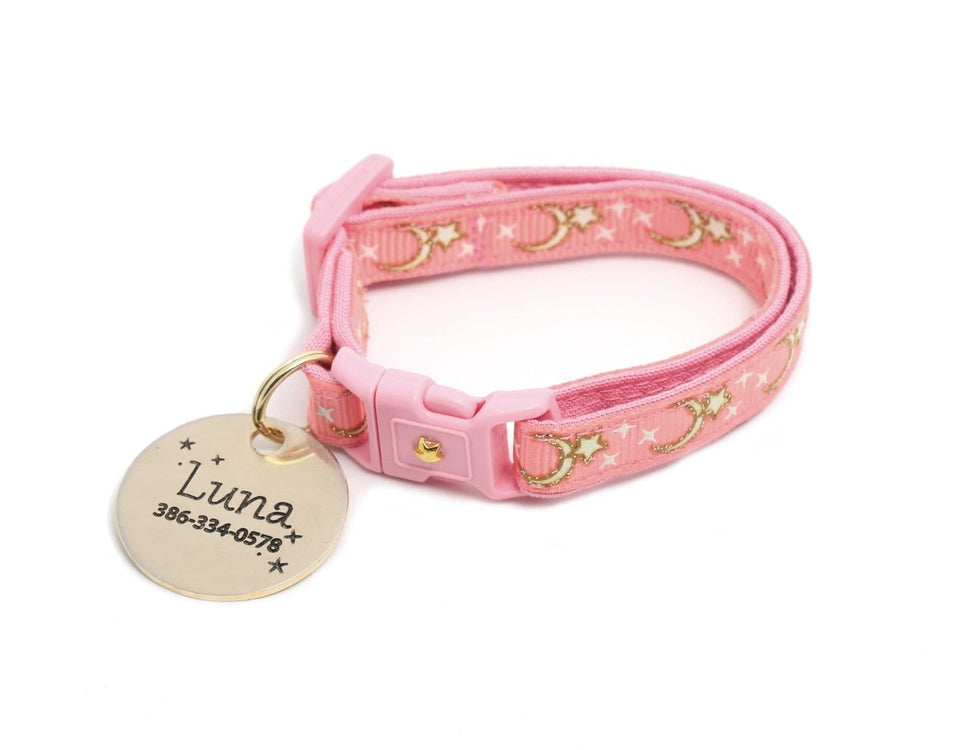Gold Moons and Stars on Coral Pink Cat Collar, view 6