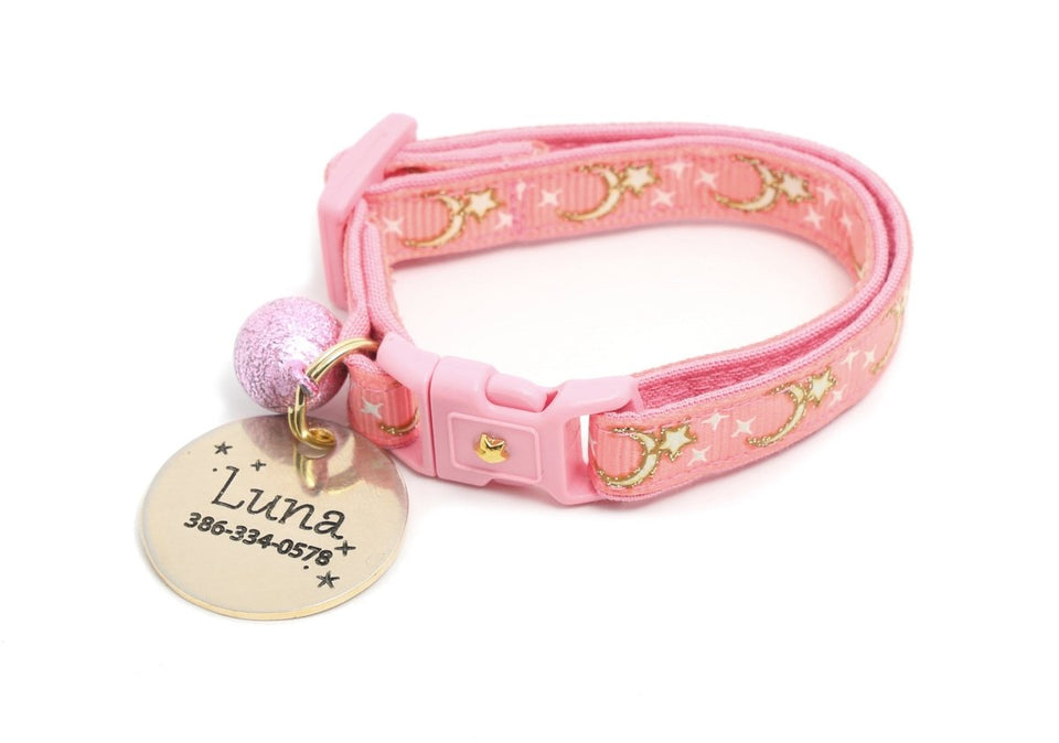 Gold Moons and Stars on Coral Pink Cat Collar, view 7