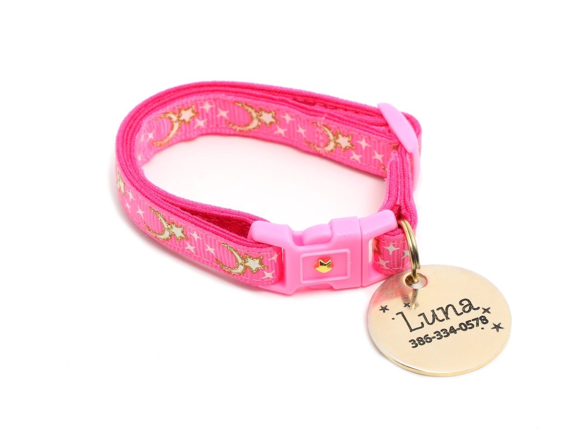 Gold Moons and Stars on Bright Pink Cat Collar - Pets Perfect