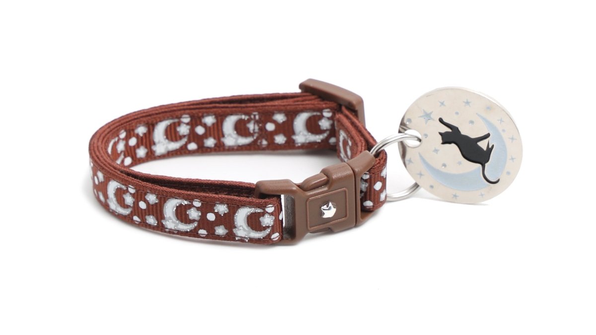 Silver Moons and Stars on Brown Cat Collar - Pets Perfect