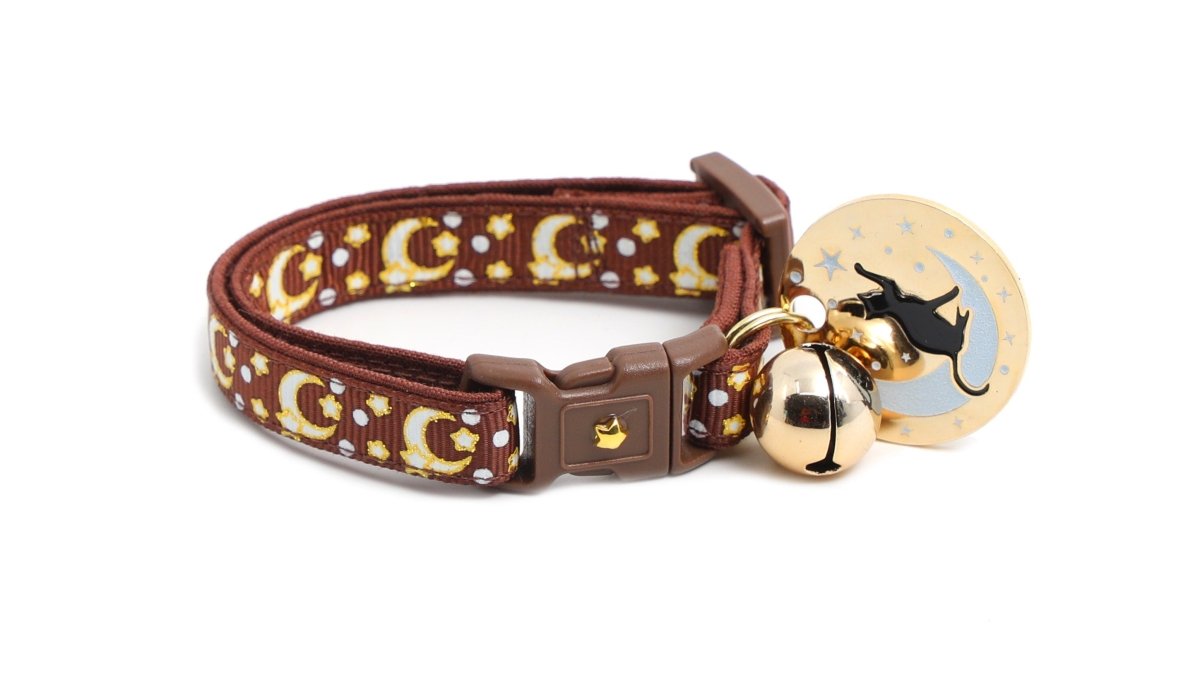 Gold Moons and Stars on Brown Cat Collar - Pets Perfect
