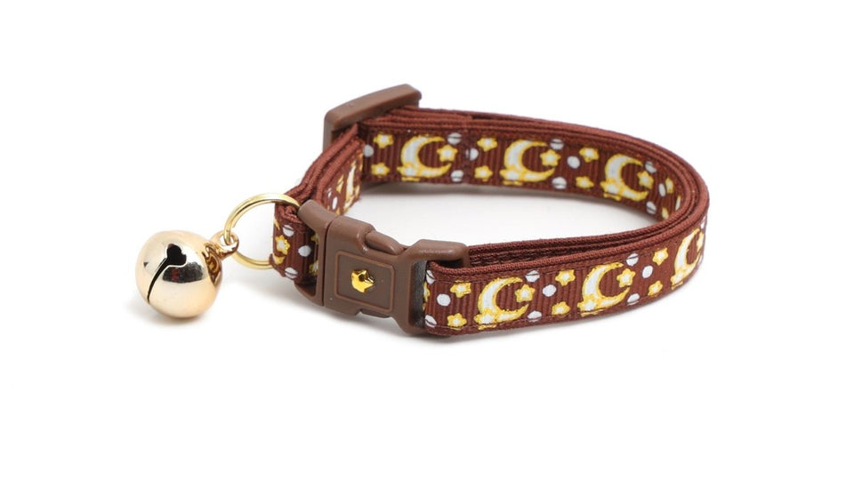 Gold Moons and Stars on Brown Cat Collar, view 2