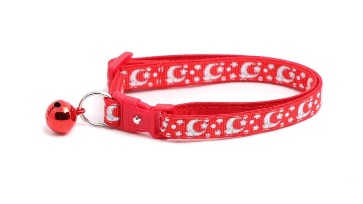 Silver Moons and Stars on Bright Red Cat Collar - Pets Perfect