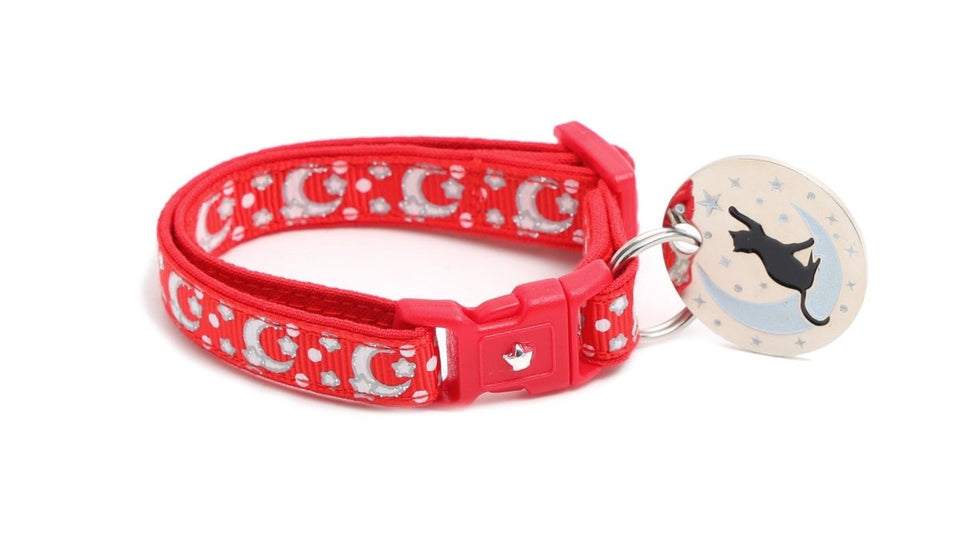 Silver Moons and Stars on Bright Red Cat Collar, view 7