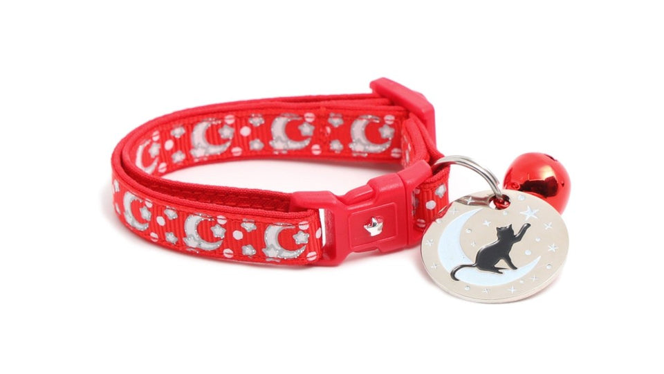 Silver Moons and Stars on Bright Red Cat Collar, view 9