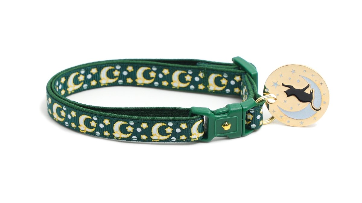 Gold Moons and Stars on Dark Green Cat Collar - Pets Perfect