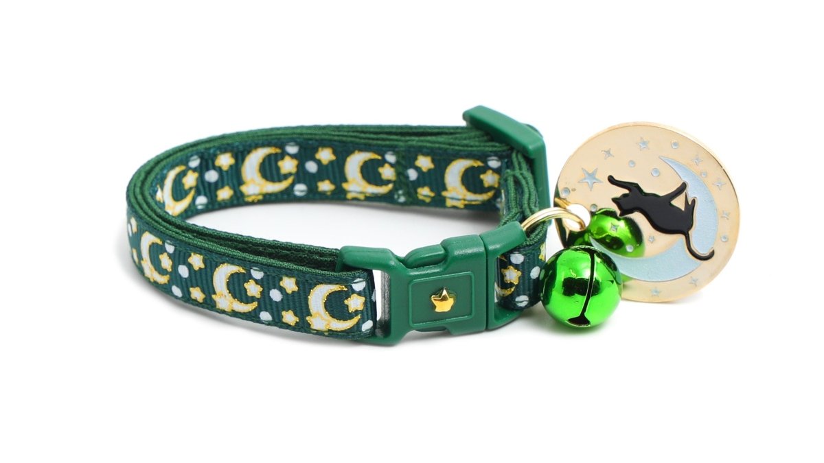 Gold Moons and Stars on Dark Green Cat Collar - Pets Perfect