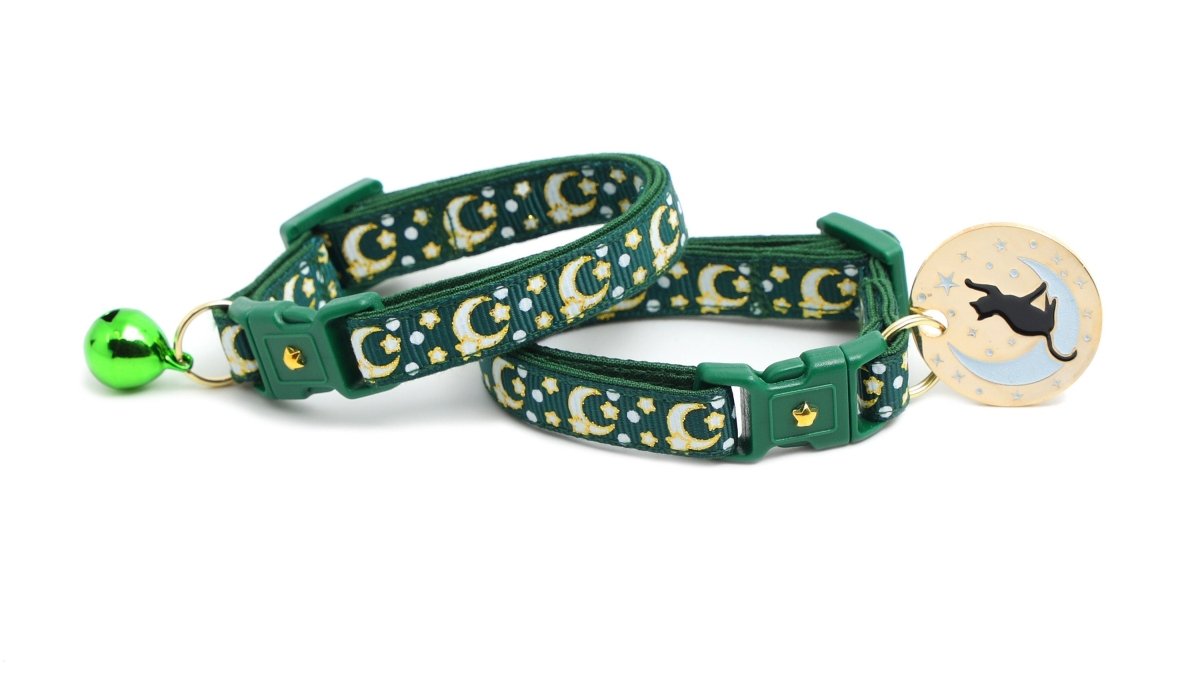 Gold Moons and Stars on Dark Green Cat Collar - Pets Perfect