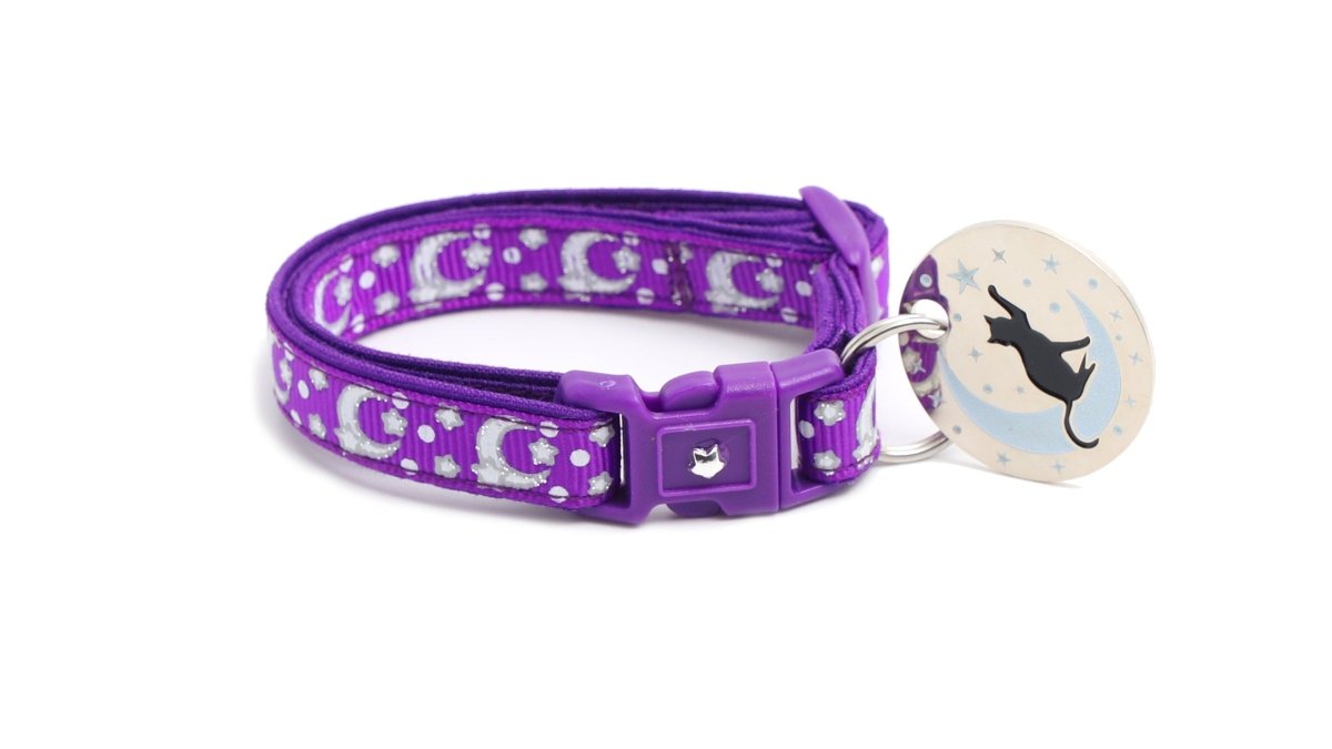 Silver Moons and Stars on Dark Purple Cat Collar - Pets Perfect