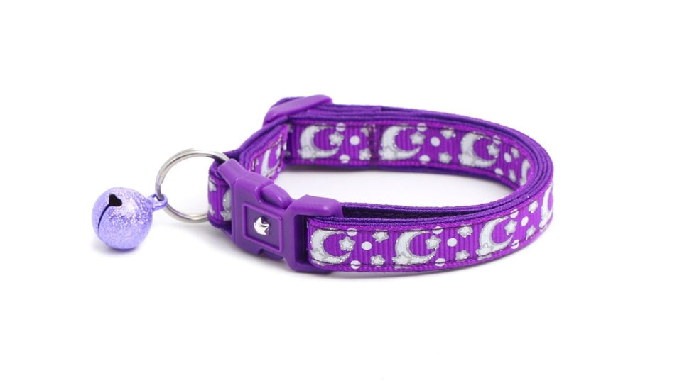 Silver Moons and Stars on Dark Purple Cat Collar, view 8