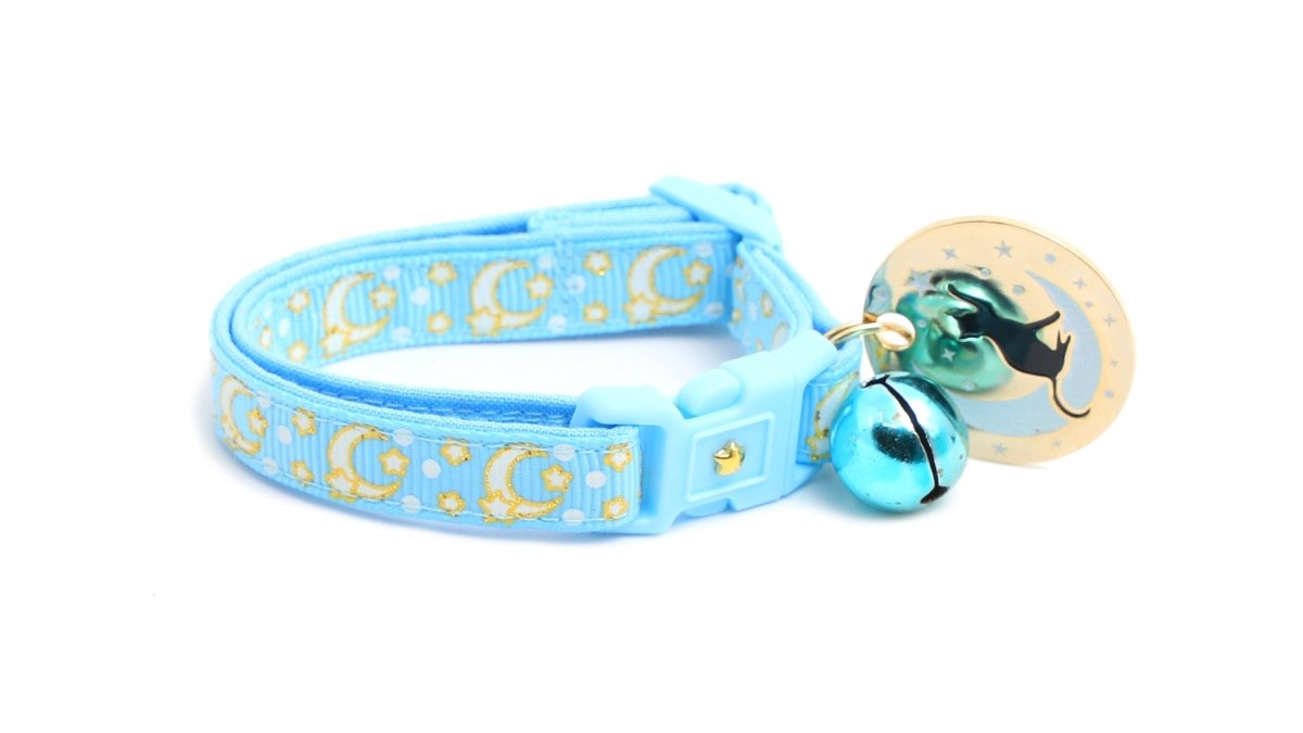 Gold Moons and Stars on Powder Blue Cat Collar - Pets Perfect