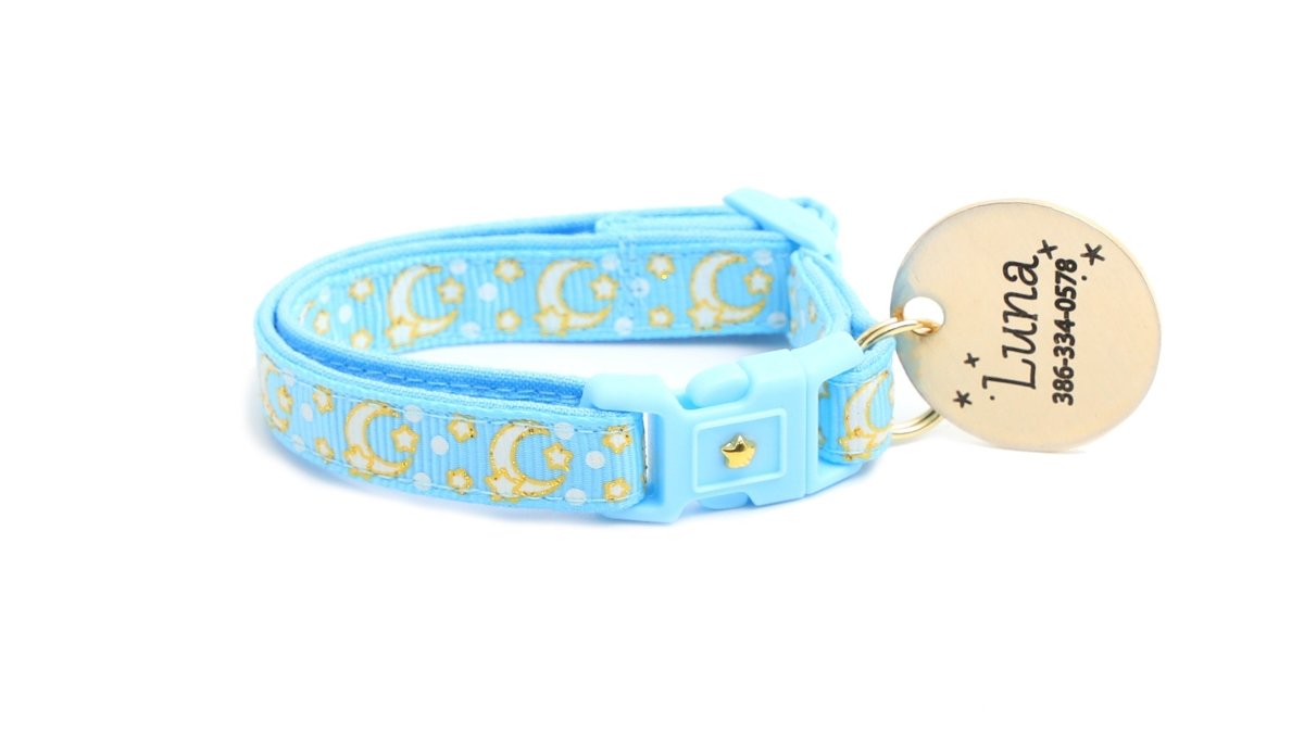 Gold Moons and Stars on Powder Blue Cat Collar - Pets Perfect