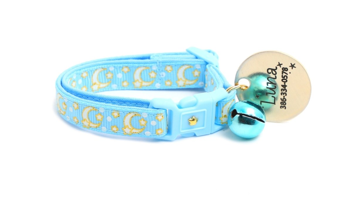 Gold Moons and Stars on Powder Blue Cat Collar - Pets Perfect