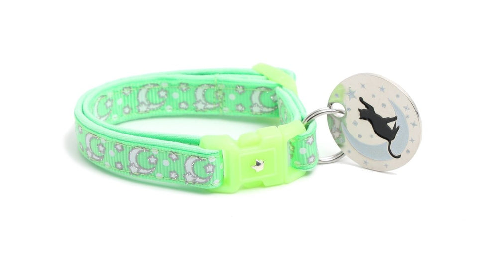 Silver Moons and Stars on Mint Green Cat Collar, view 6