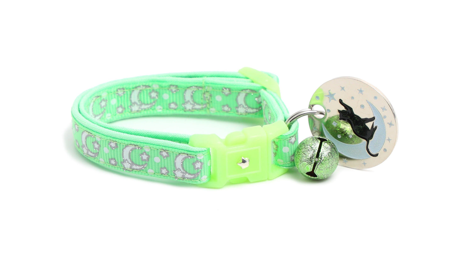 Silver Moons and Stars on Mint Green Cat Collar