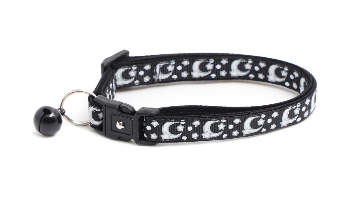 Silver Moons and Stars on Black Cat Collar - Pets Perfect