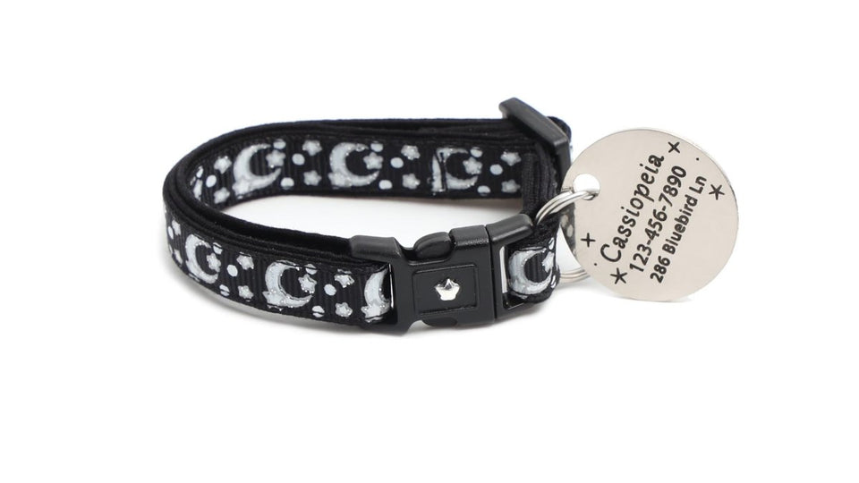 Silver Moons and Stars on Black Cat Collar, view 4