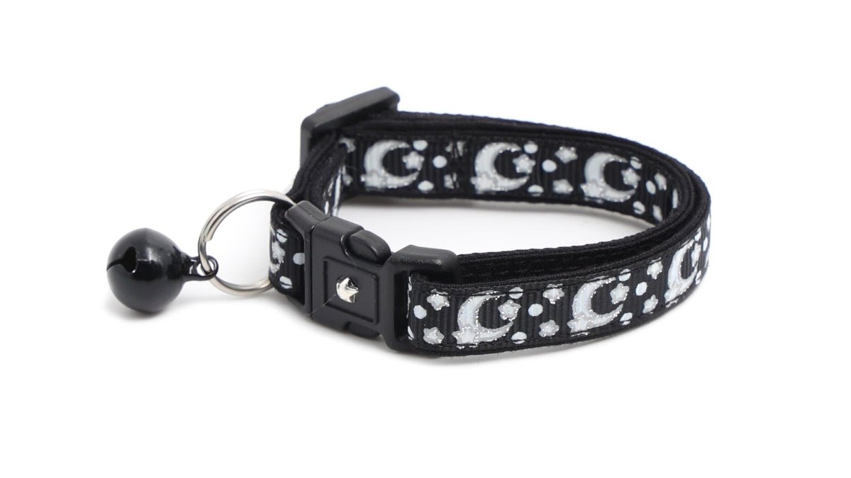 Silver Moons and Stars on Black Cat Collar - Pets Perfect