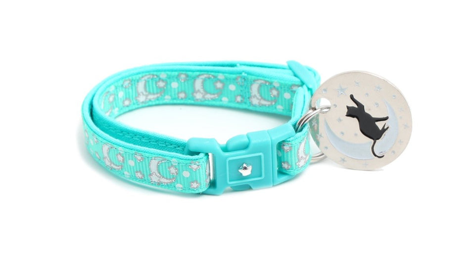 Silver Moons and Stars on Aqua Cat Collar, view 3
