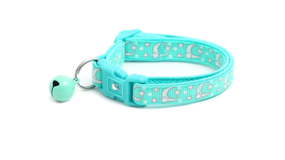 Silver Moons and Stars on Aqua Cat Collar, view 2