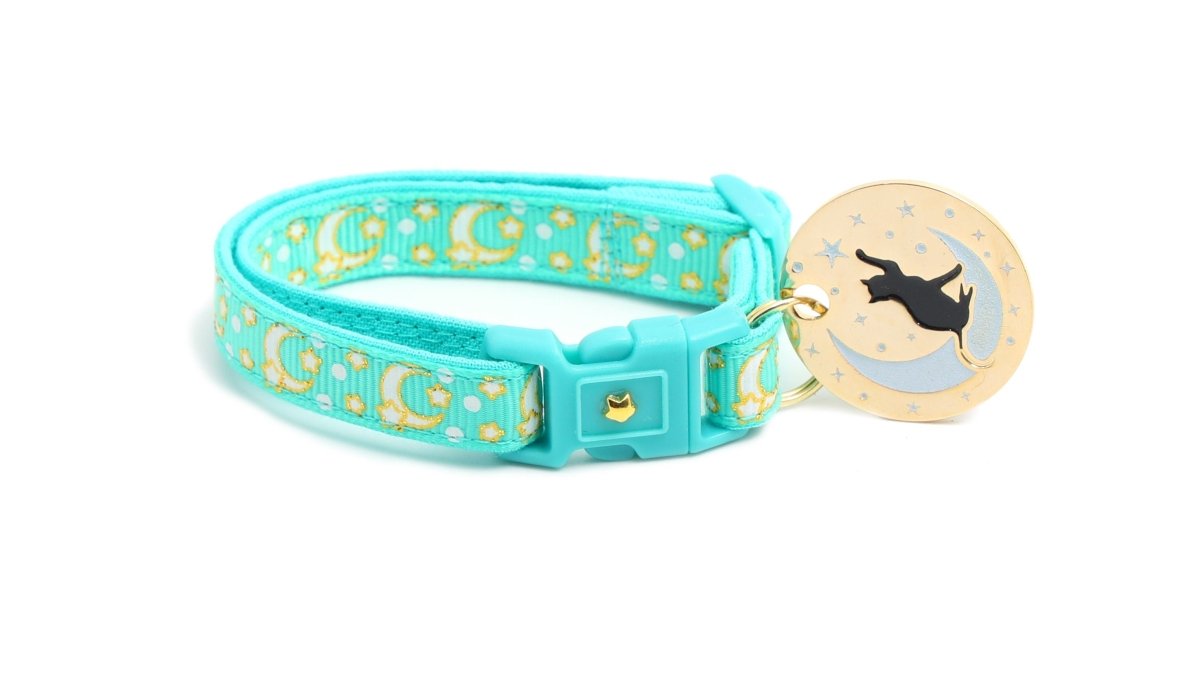 Gold Moons and Stars on Aqua V2 Cat Collar - Pets Perfect