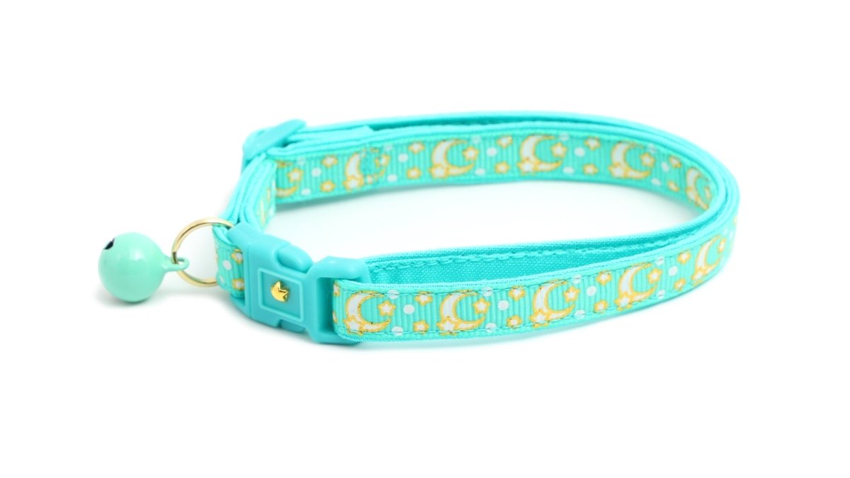 Gold Moons and Stars on Aqua V2 Cat Collar - Pets Perfect