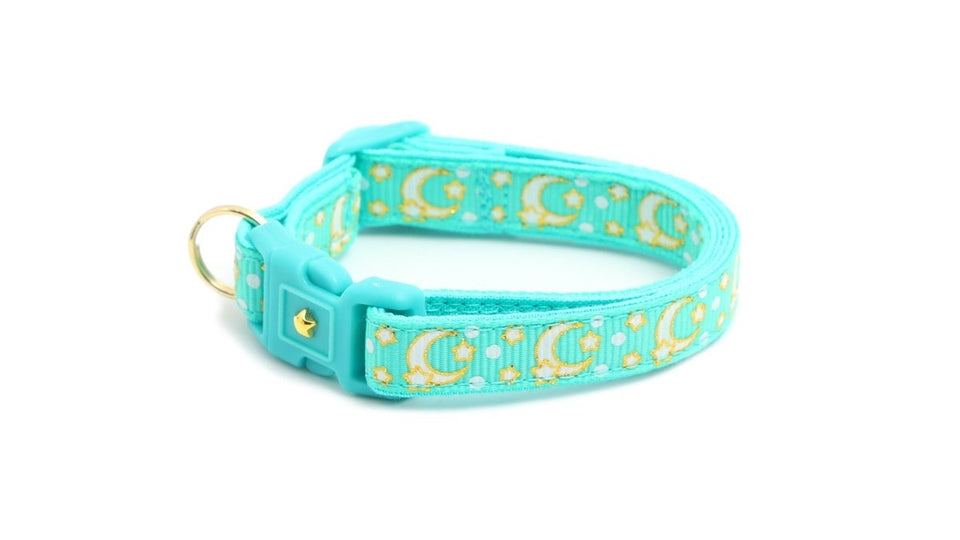 Gold Moons and Stars on Aqua V2 Cat Collar, view 2