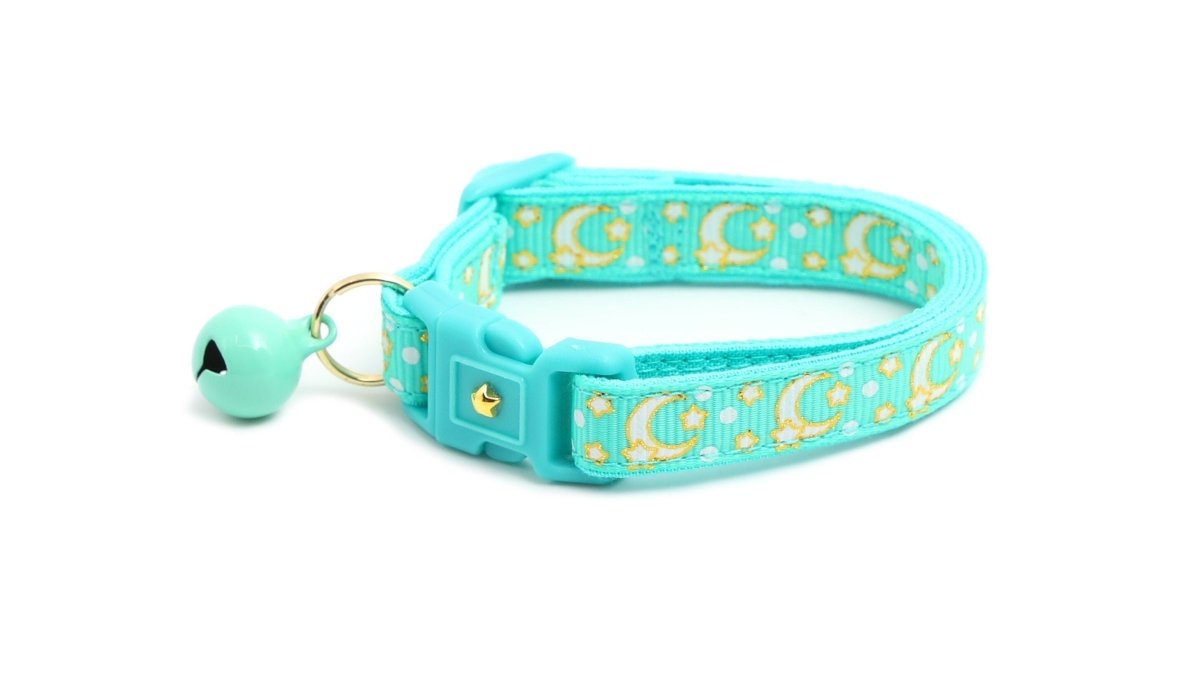 Gold Moons and Stars on Aqua V2 Cat Collar - Pets Perfect