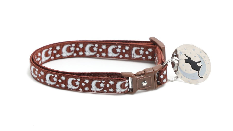 Silver Moons and Stars on Brown Cat Collar, view 3