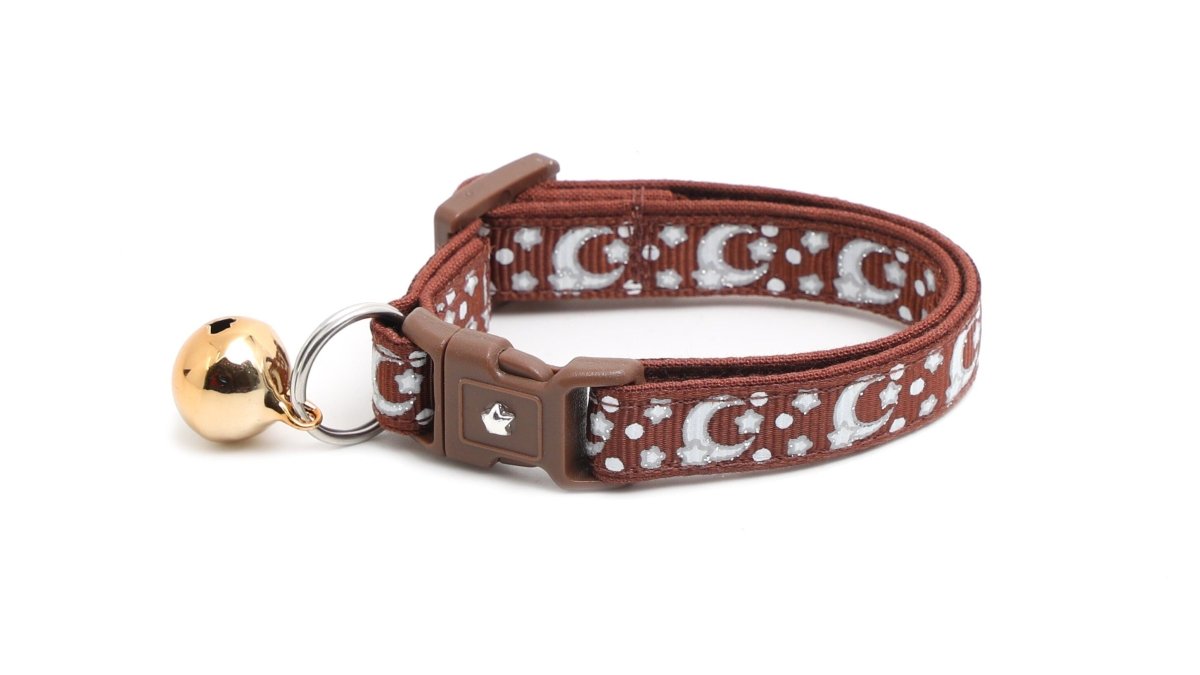 Silver Moons and Stars on Brown Cat Collar - Pets Perfect