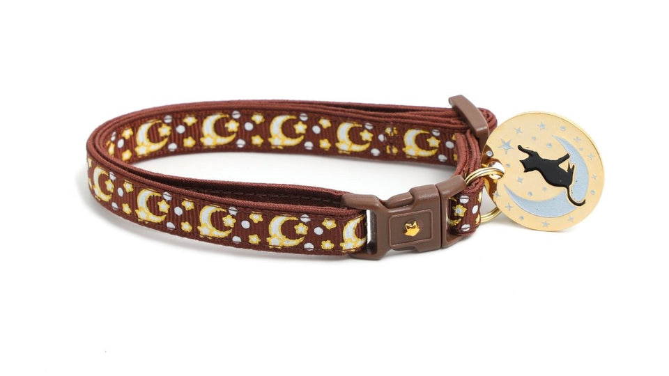 Gold Moons and Stars on Brown Cat Collar, view 3