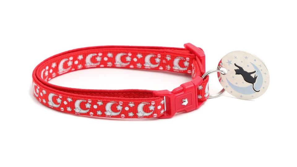 Silver Moons and Stars on Bright Red Cat Collar, view 2