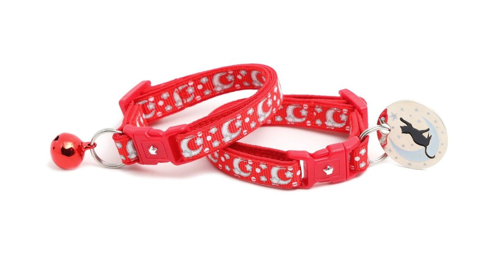 Silver Moons and Stars on Bright Red Cat Collar, view 8