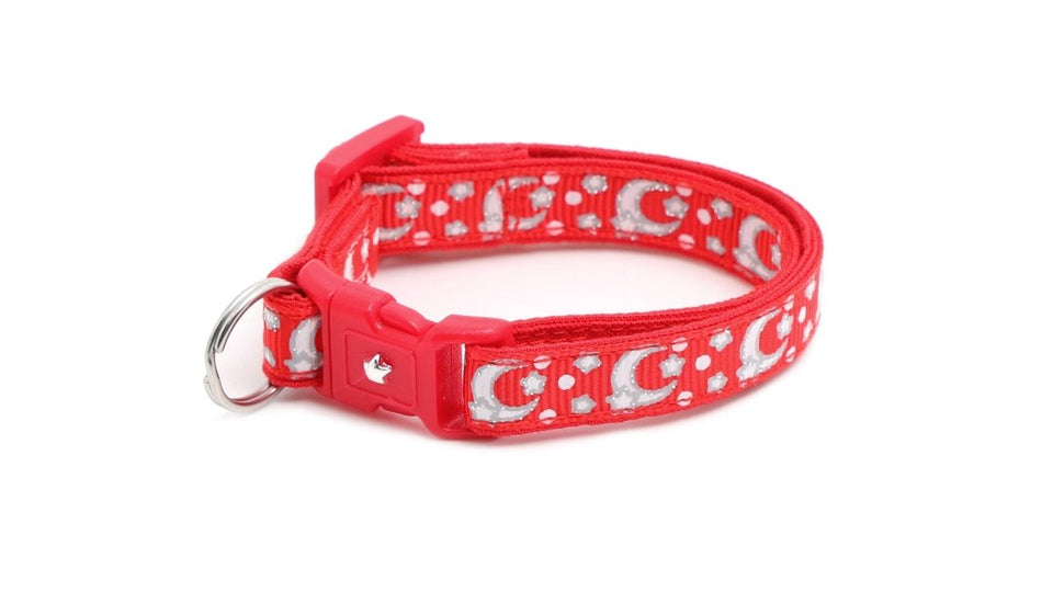 Silver Moons and Stars on Bright Red Cat Collar, view 5