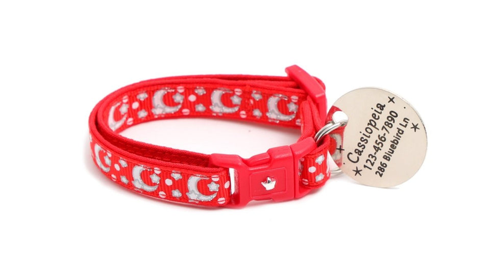 Silver Moons and Stars on Bright Red Cat Collar, view 3