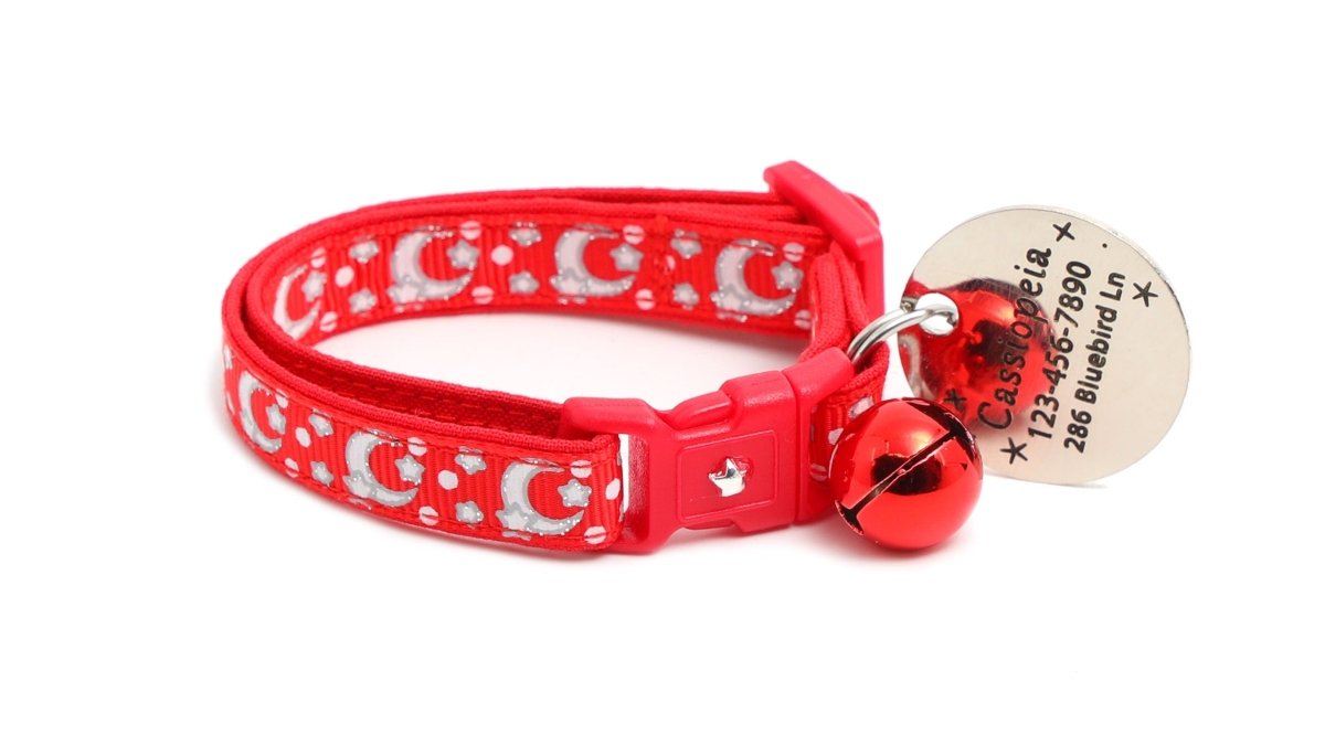 Silver Moons and Stars on Bright Red Cat Collar - Pets Perfect