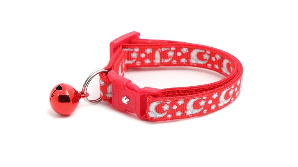 Silver Moons and Stars on Bright Red Cat Collar, view 6
