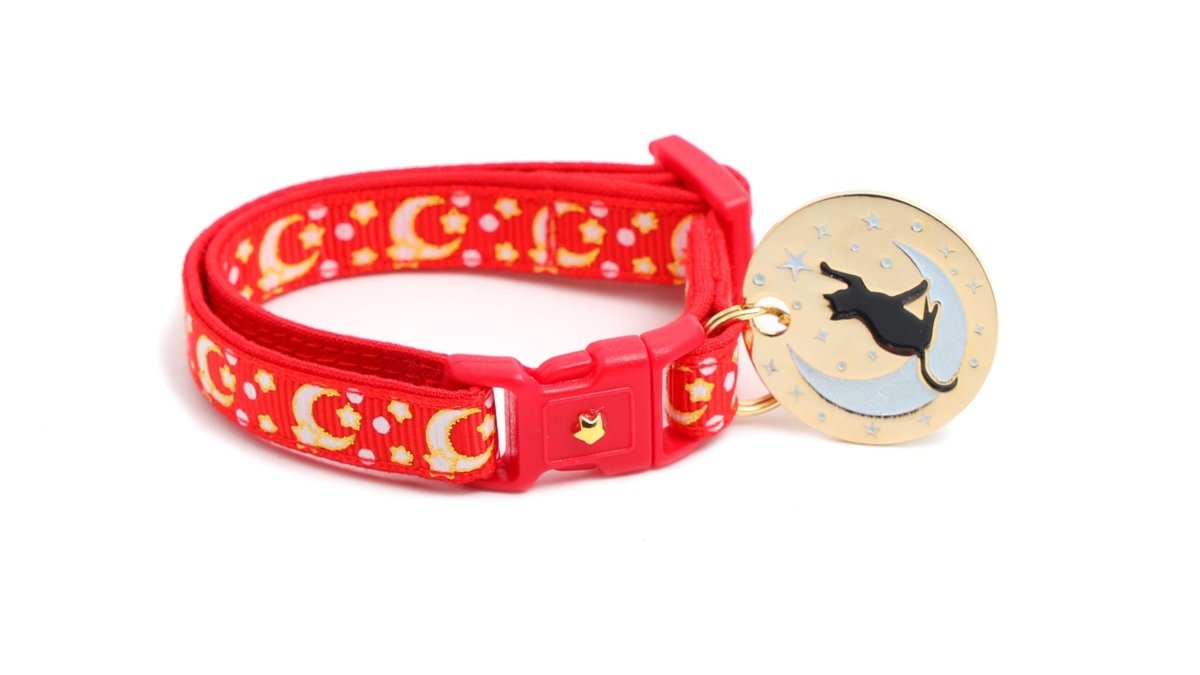 Gold Moons and Stars on Bright Red Cat Collar - Pets Perfect