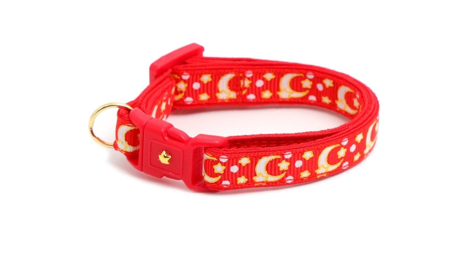 Gold Moons and Stars on Bright Red Cat Collar, view 9
